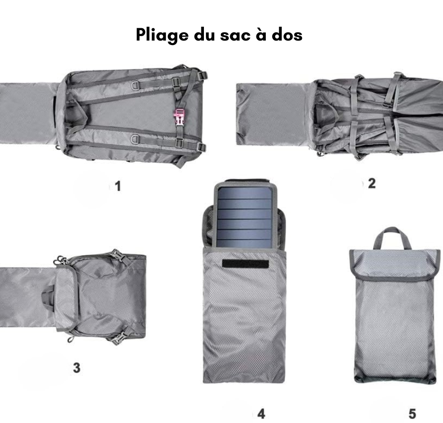 Sac à dos solaire pliable 35L – Recharge USB, compact et imperméable – Idéal rando & voyage